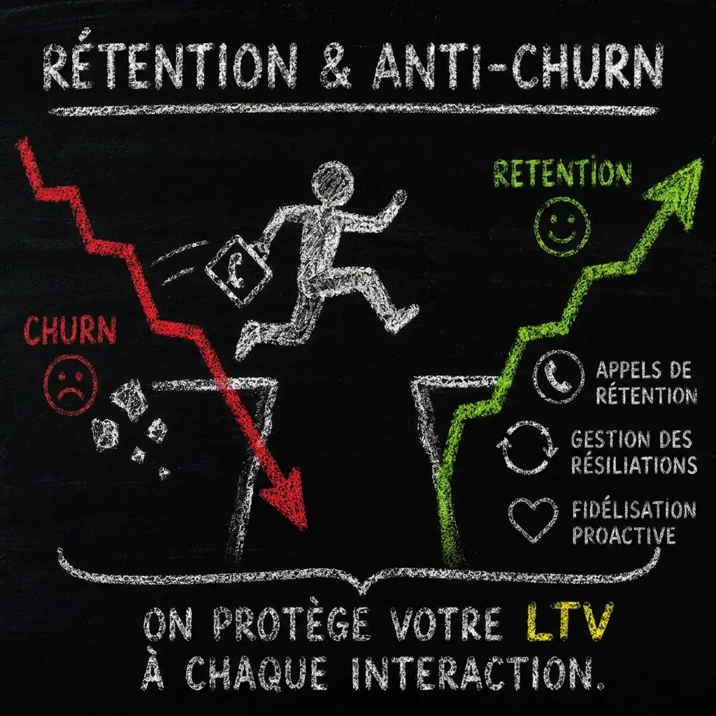 Client passant d'une courbe de churn à une courbe de rétention en croissance.