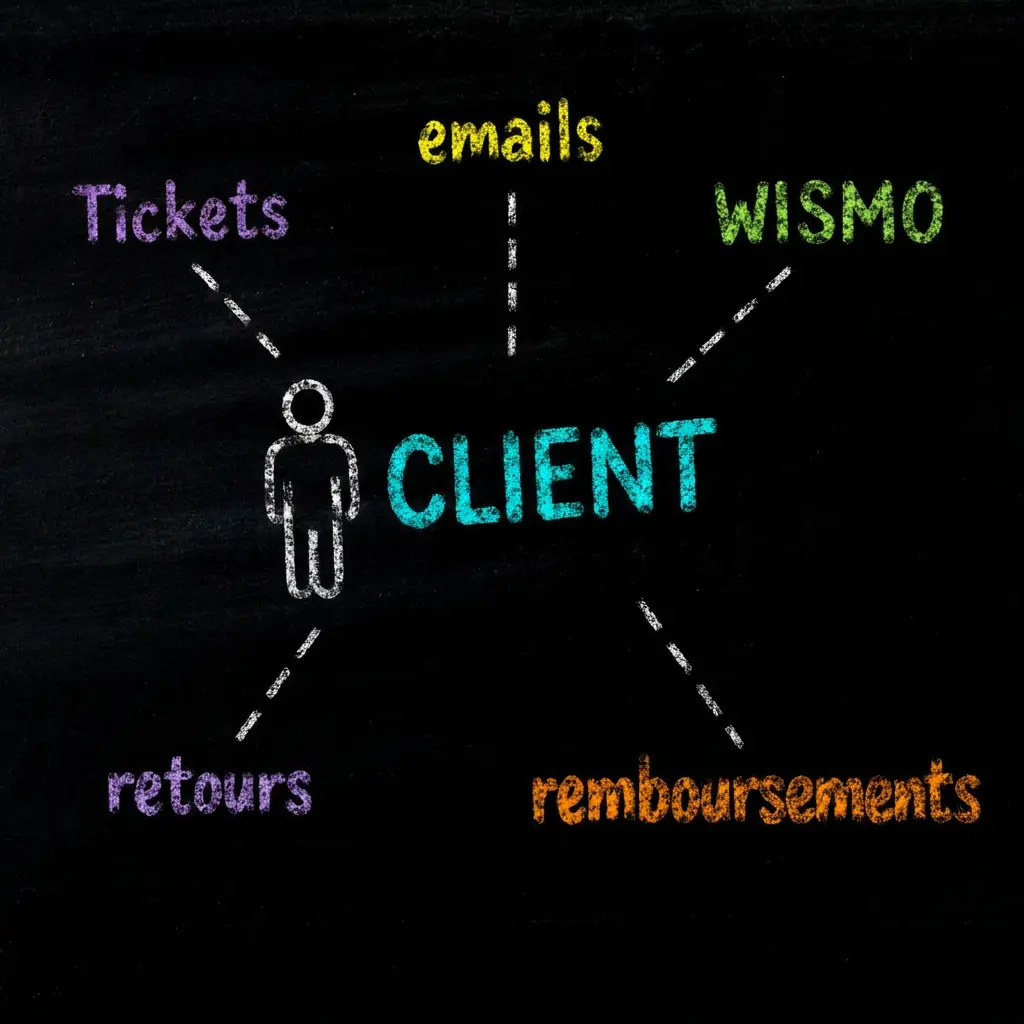 Canaux de support client convergeant vers le client au centre du dispositif.
