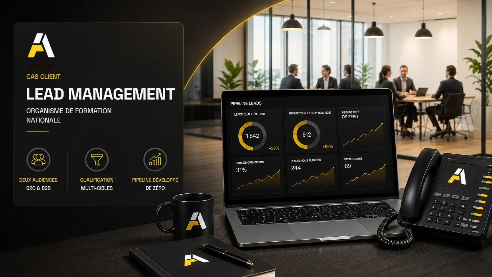 cas client Lead Management Industrialisation leads - Organisme de formation nationale Deux audiences opposées, un seul dispositif. Qualification B2C, prospection entreprises alternance, pipeline créé de zéro. La formation n'attendait que ça.
