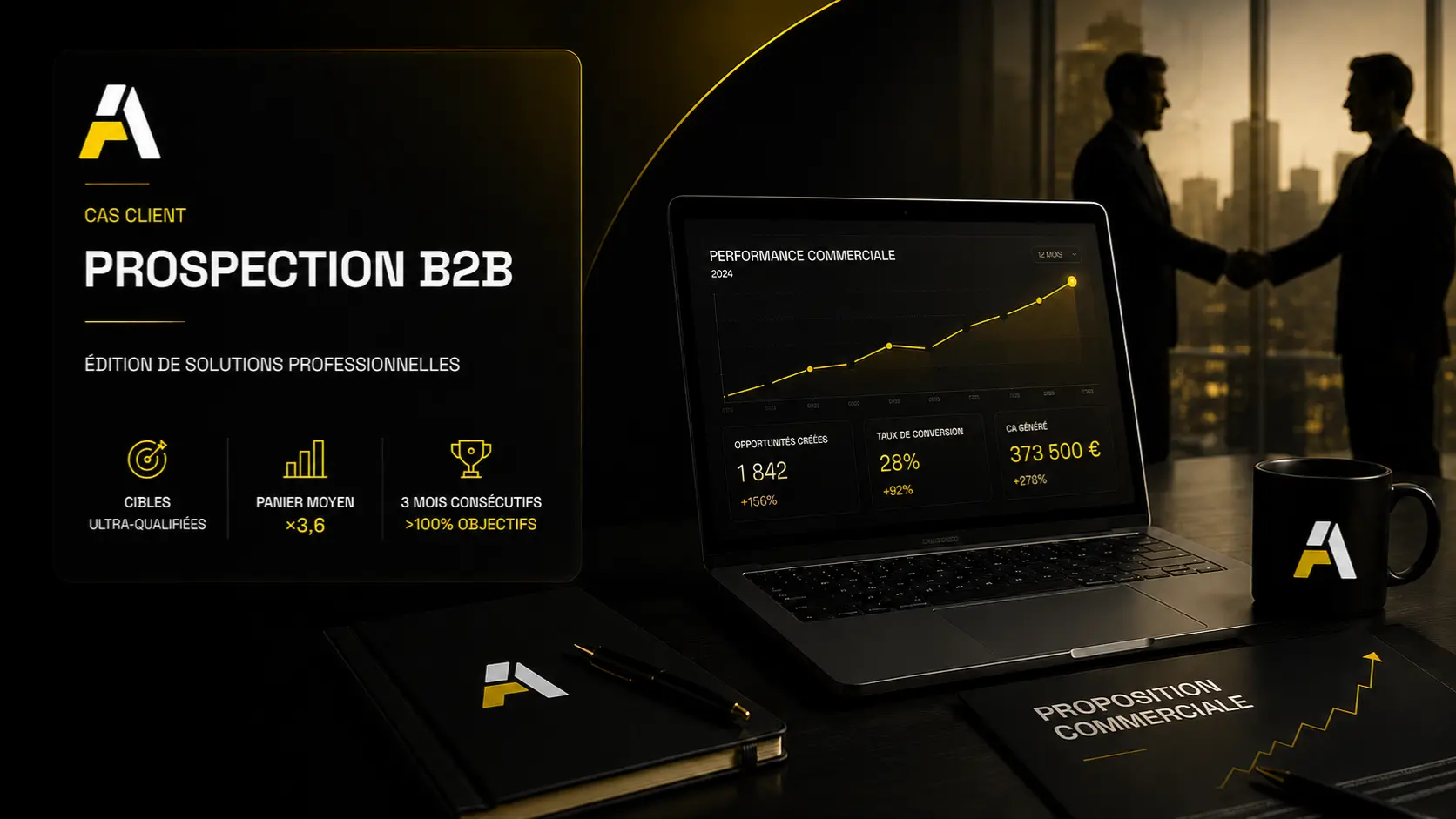 cas client prospection B2B 373 500 € générés - Édition de solutions professionnelles Des cibles ultra-qualifiées, un panier moyen multiplié par 3,6, trois mois consécutifs à plus de 100% des objectifs. La preuve que la vente complexe s'industrialise.