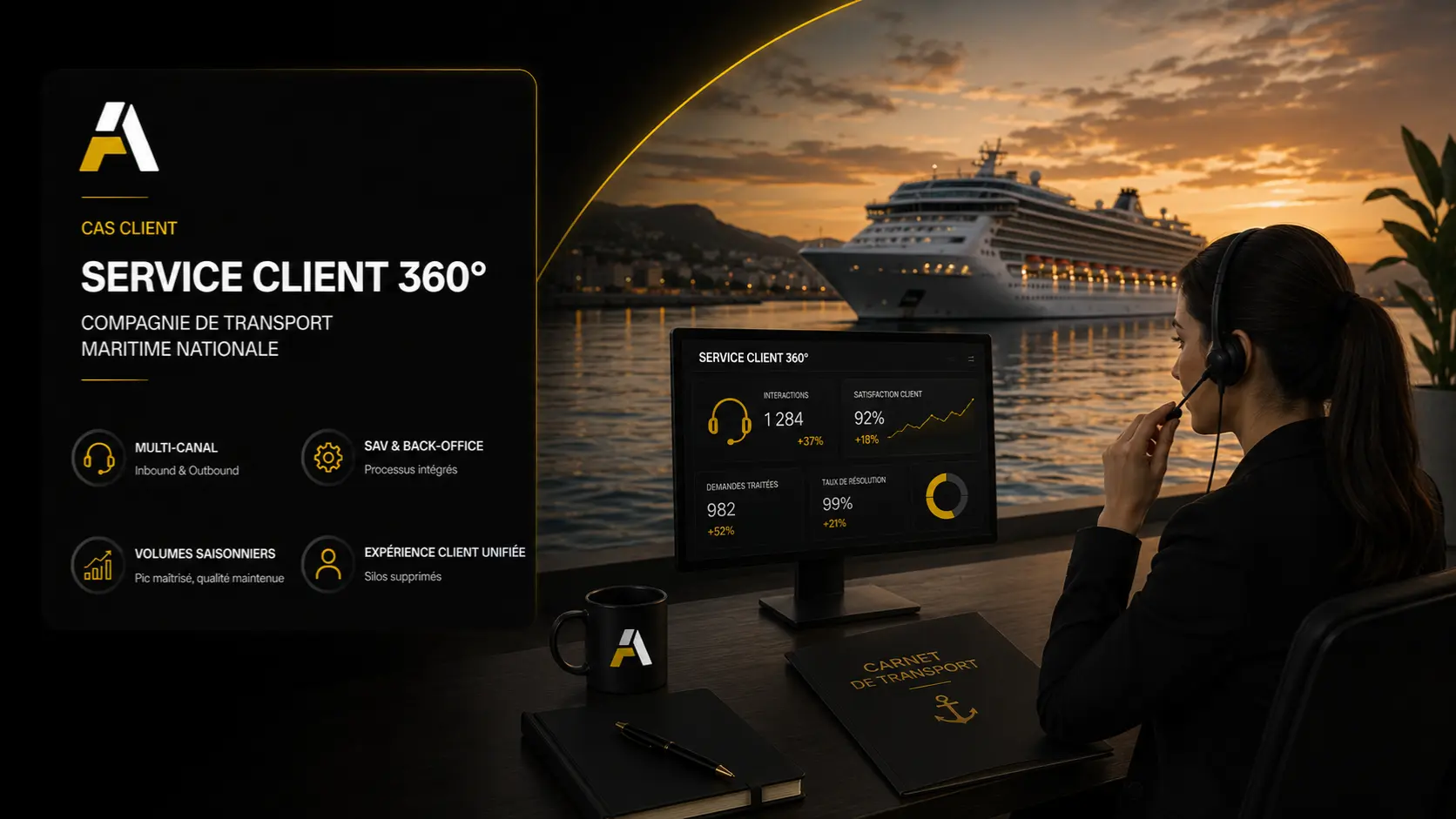 cas client Service Client 360° Relation client multi-canal - Compagnie de transport maritime nationale Inbound, outbound, SAV, back-office et prospection en simultané. Un flux saisonnier maîtrisé, des silos supprimés, une expérience client unifiée.